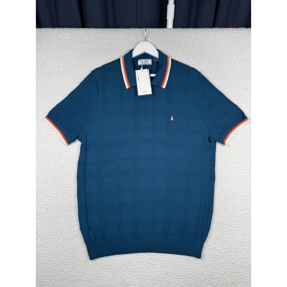 NEW $125 Original PENGUIN Jacquard Knit Quarter Zip Polo - Poseidon Blue - M